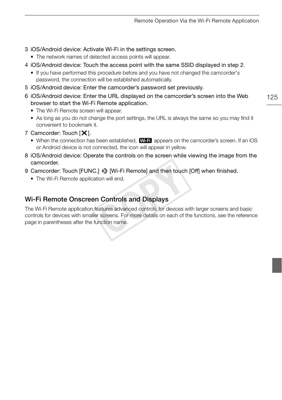 Wi-fi remote onscreen controls and, Displays 125, Cop y | Canon XA25 User Manual | Page 125 / 187