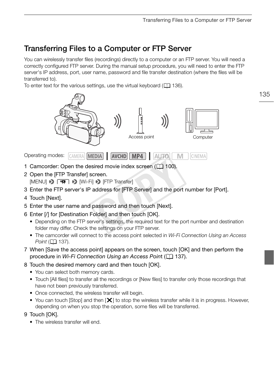 Transferring files to a computer or ftp, Server 135, Cop y | Canon XA25 User Manual | Page 135 / 187