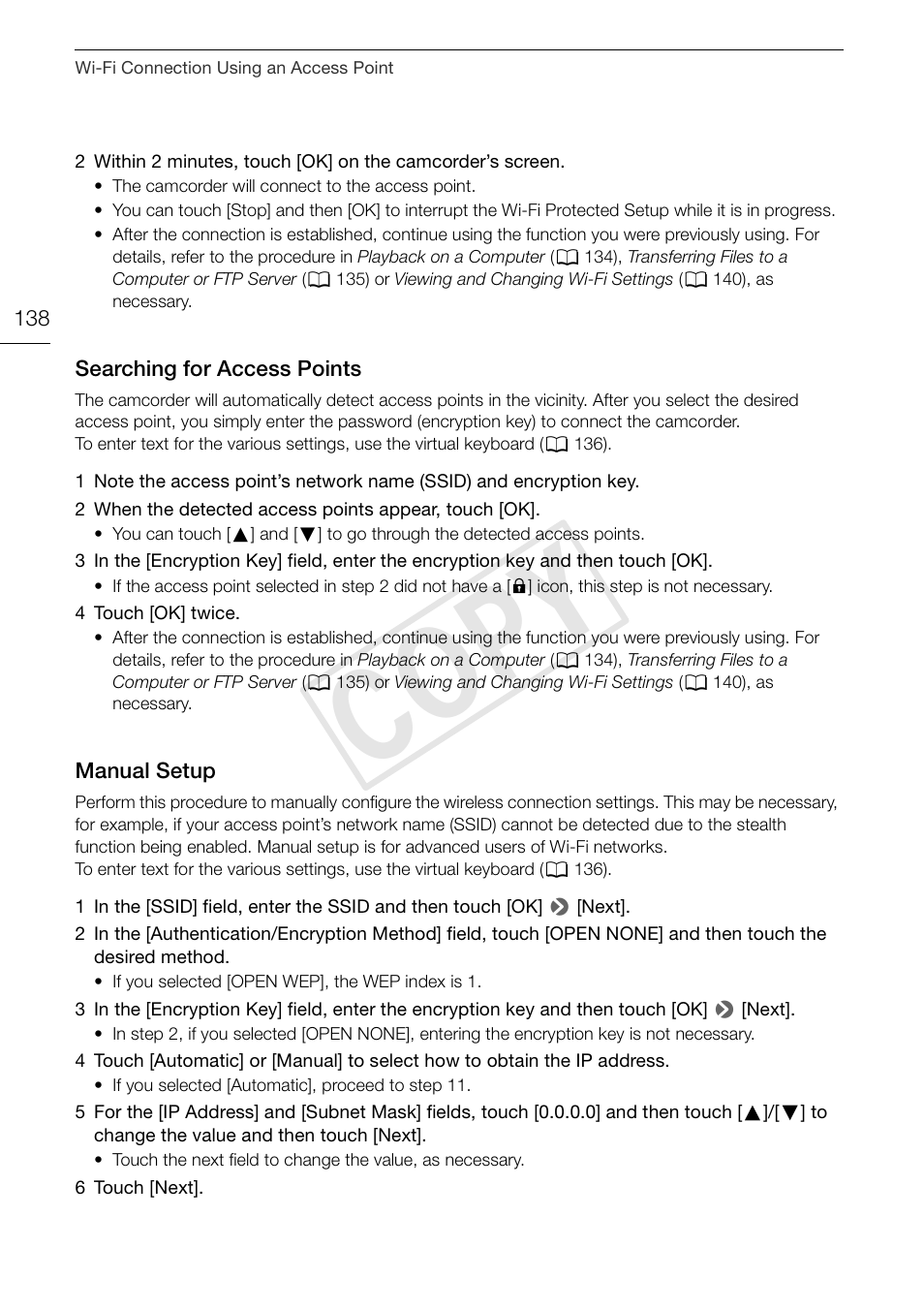 Searching for access points 138 manual setup 138, Cop y | Canon XA25 User Manual | Page 138 / 187