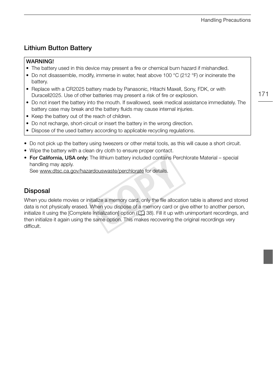 Lithium button battery 171 disposal 171, Cop y | Canon XA25 User Manual | Page 171 / 187