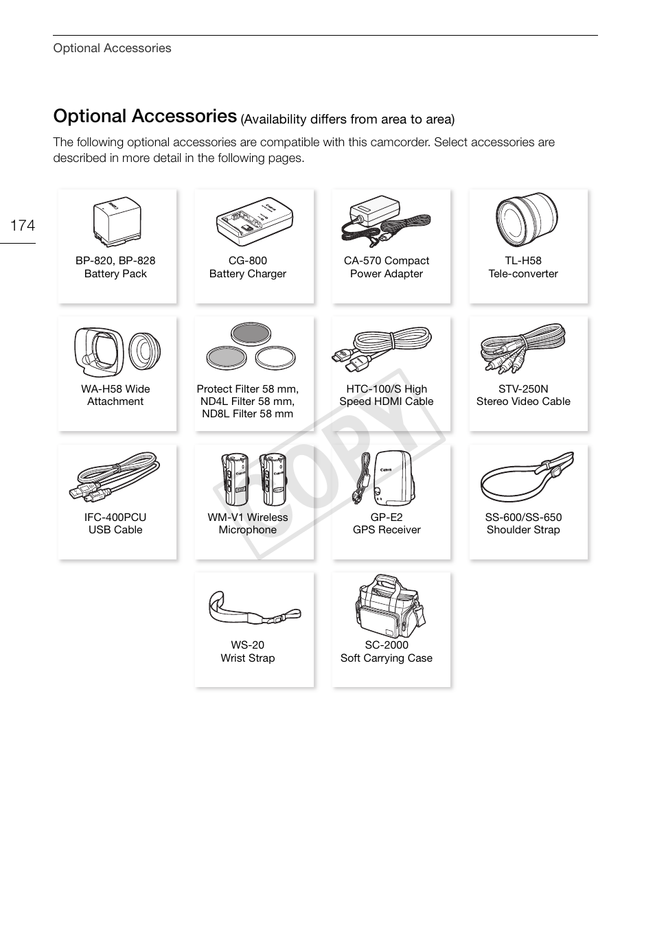 Optional accessories 174, Cop y, Optional accessories | Canon XA25 User Manual | Page 174 / 187