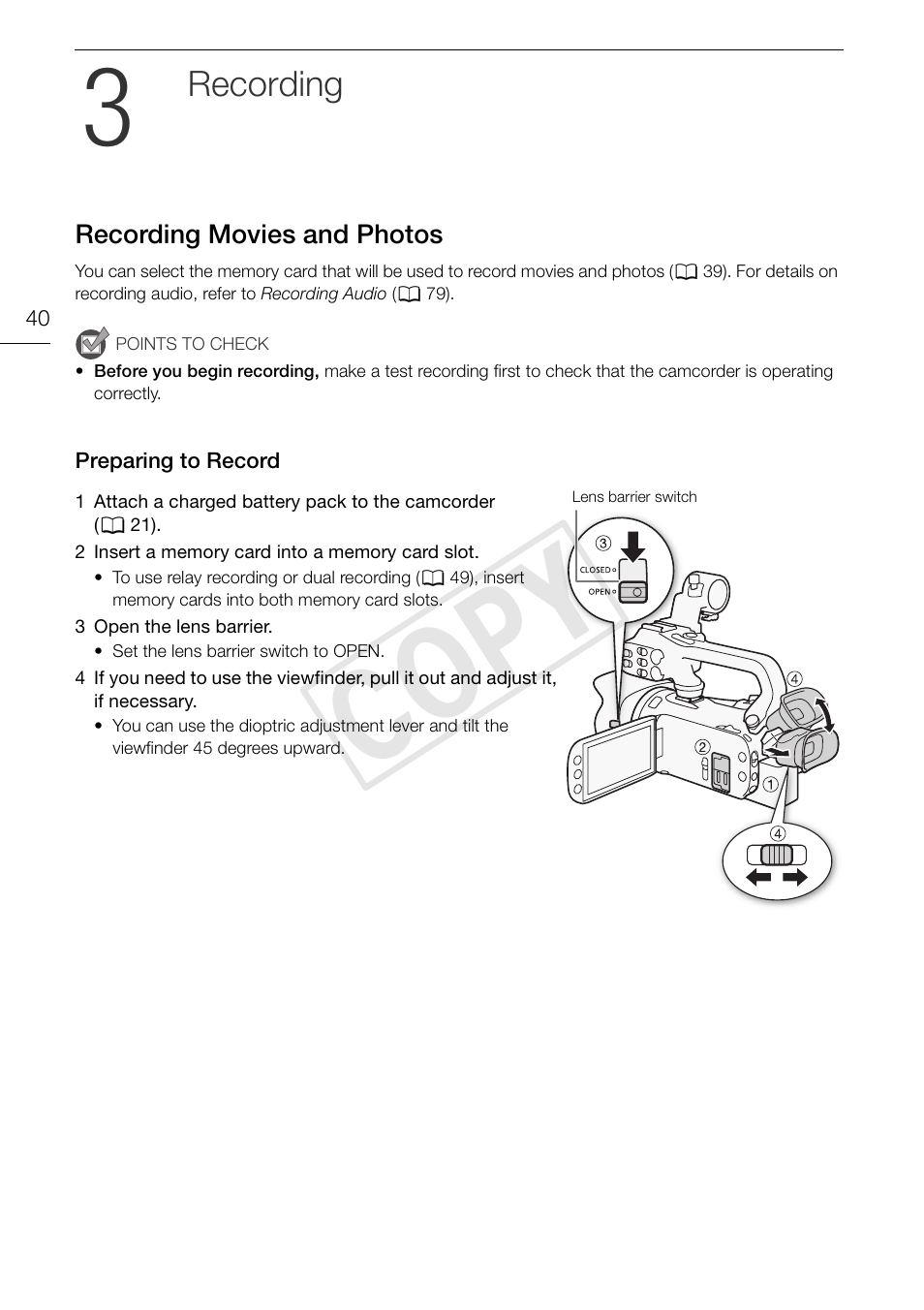 3 recording 40, Recording movies and photos 40, Preparing to record 40 | Cop y, Recording | Canon XA25 User Manual | Page 40 / 187