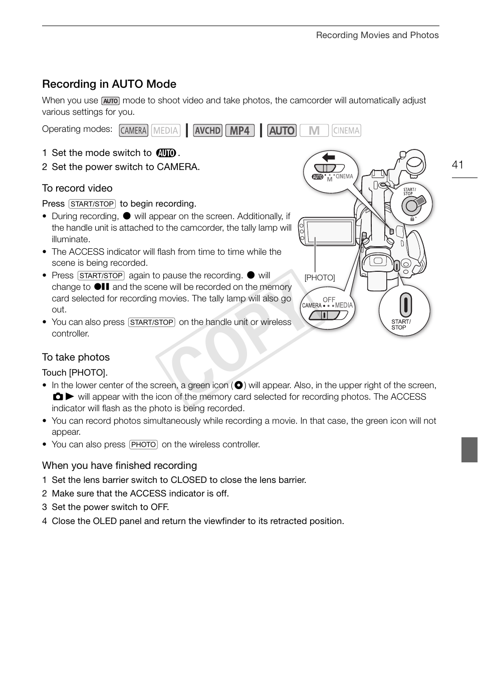 Recording in auto mode 41, Cop y | Canon XA25 User Manual | Page 41 / 187