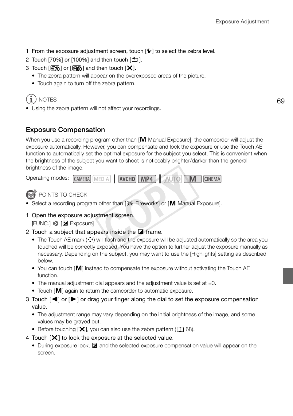 Exposure compensation 69, Cop y | Canon XA25 User Manual | Page 69 / 187