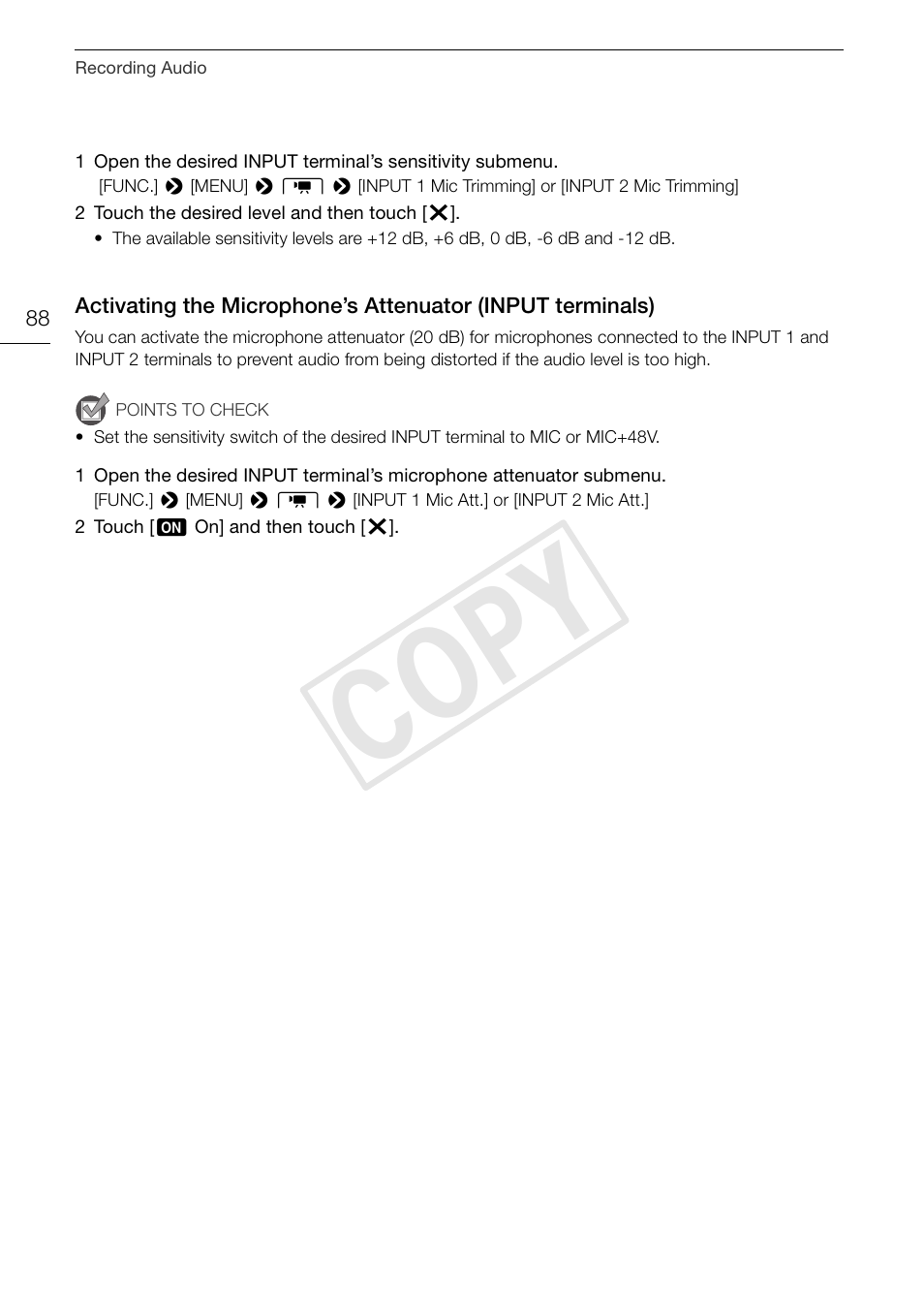 Activating the microphone’s attenuator, Input terminals) 88, Cop y | Canon XA25 User Manual | Page 88 / 187