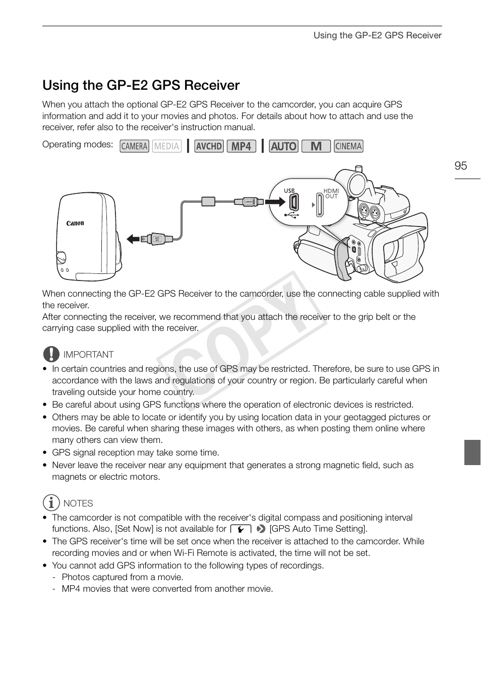 Using the gp-e2 gps receiver 95, Cop y | Canon XA25 User Manual | Page 95 / 187