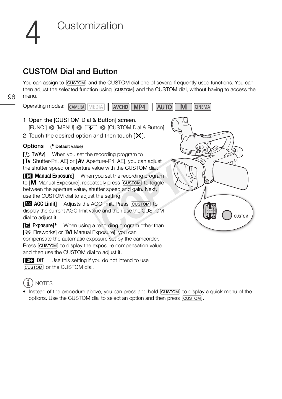 4 customization 96, Custom dial and button 96, Cop y | Customization | Canon XA25 User Manual | Page 96 / 187