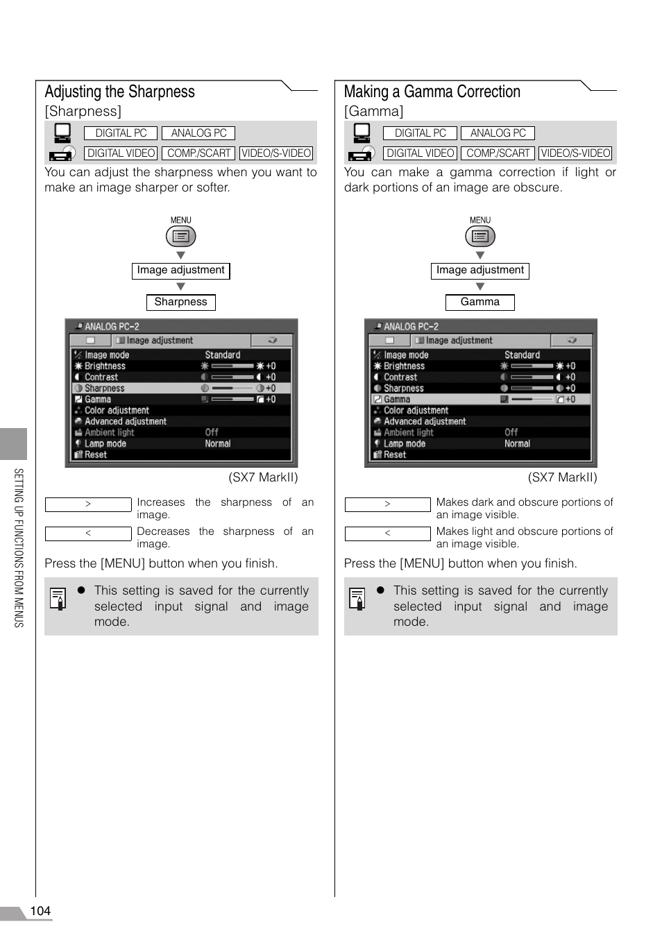 Adjusting the sharpness, Making a gamma correction, Adjusting the sharpness making a gamma correction | Sharpness, Gamma | Canon REALiS SX60 User Manual | Page 104 / 146