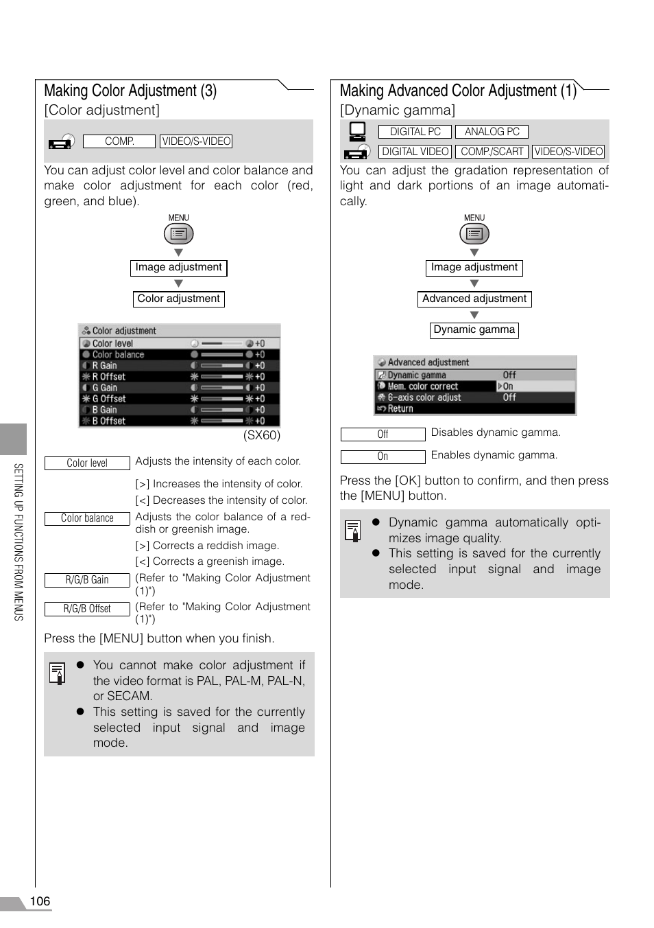 Making color adjustment (3), Making advanced color adjustment (1), Color adjustment | Dynamic gamma | Canon REALiS SX60 User Manual | Page 106 / 146