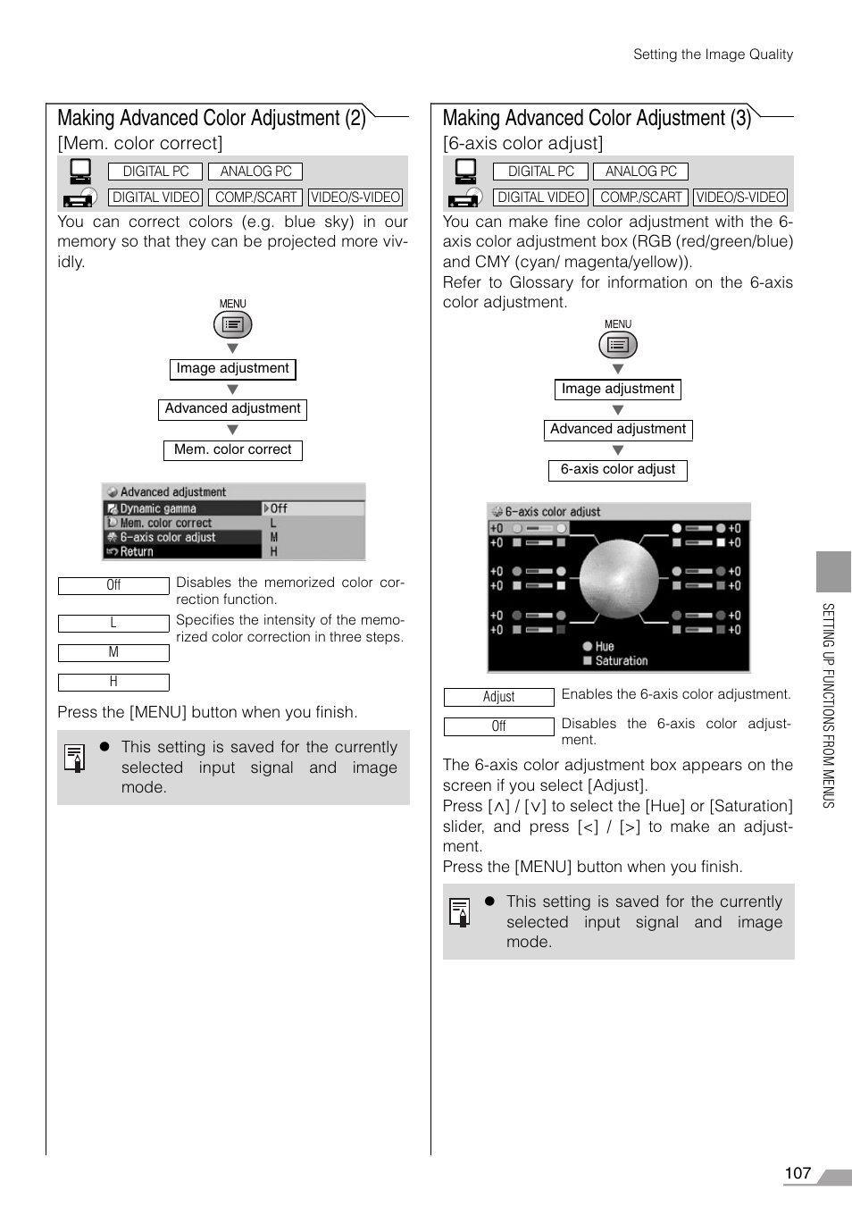 Making advanced color adjustment (2), Making advanced color adjustment (3), Mem. color correct | Axis color adjust | Canon REALiS SX60 User Manual | Page 107 / 146