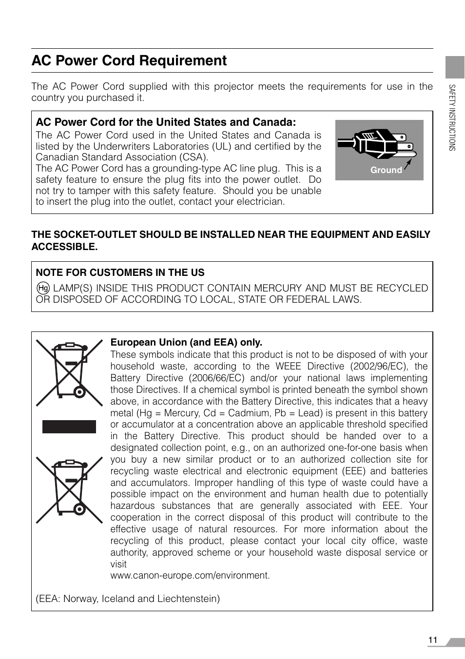 Ac power cord requirement | Canon REALiS SX60 User Manual | Page 11 / 146