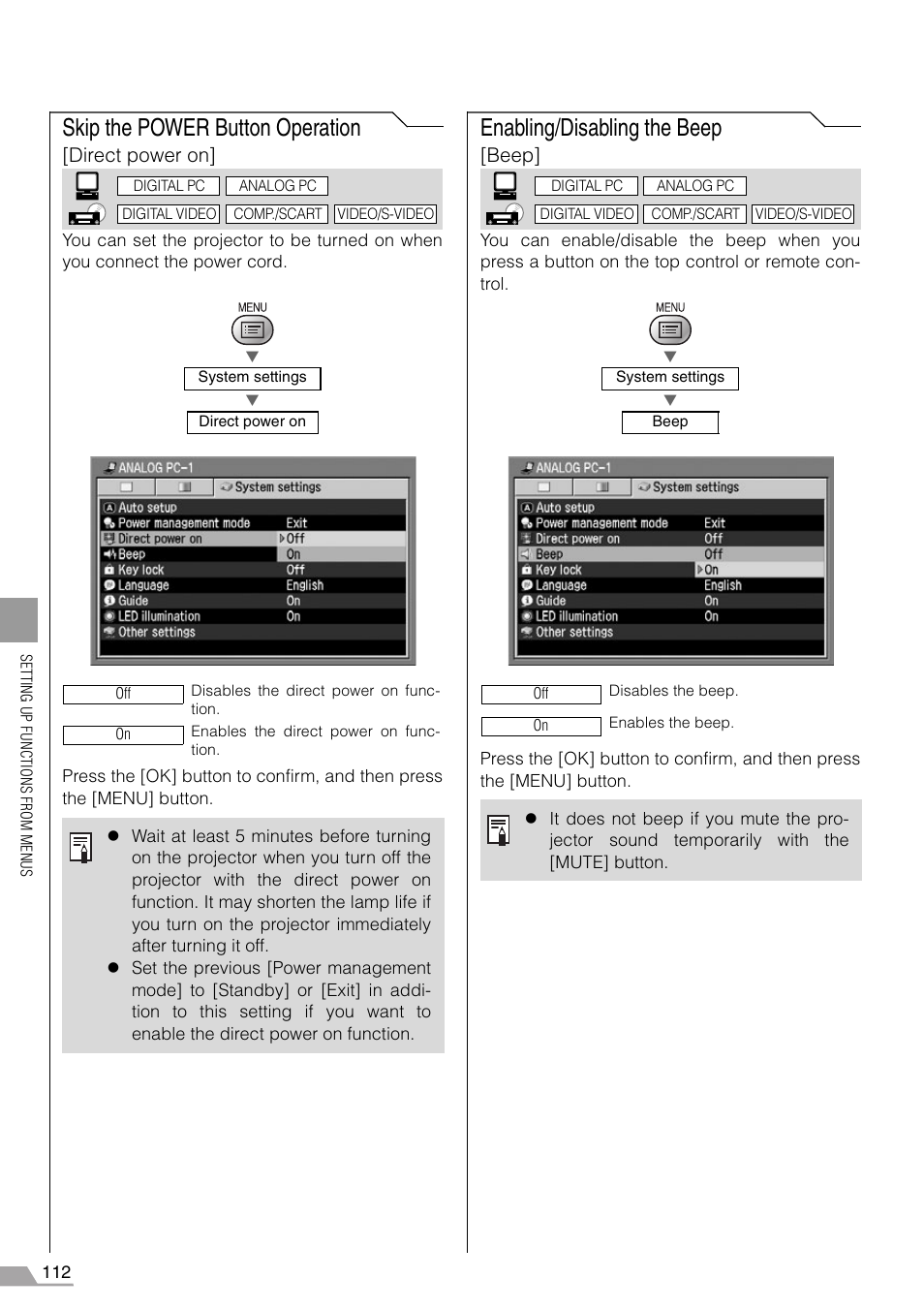 Skip the power button operation, Enabling/disabling the beep, P112) | Direct power on, Beep | Canon REALiS SX60 User Manual | Page 112 / 146