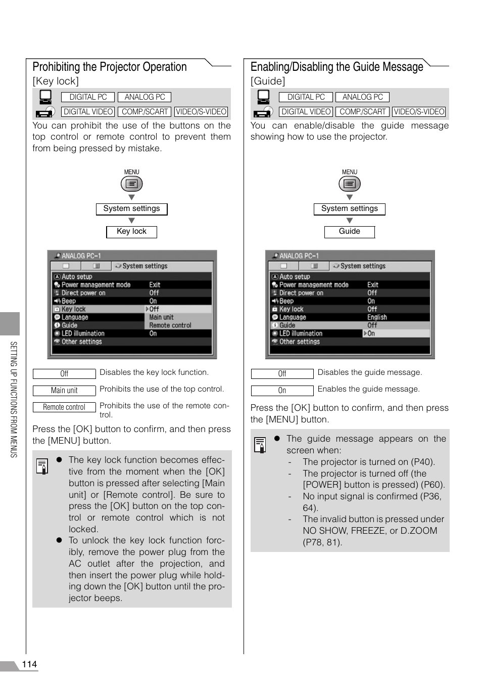 Prohibiting the projector operation, Enabling/disabling the guide message, Key lock | Guide | Canon REALiS SX60 User Manual | Page 114 / 146