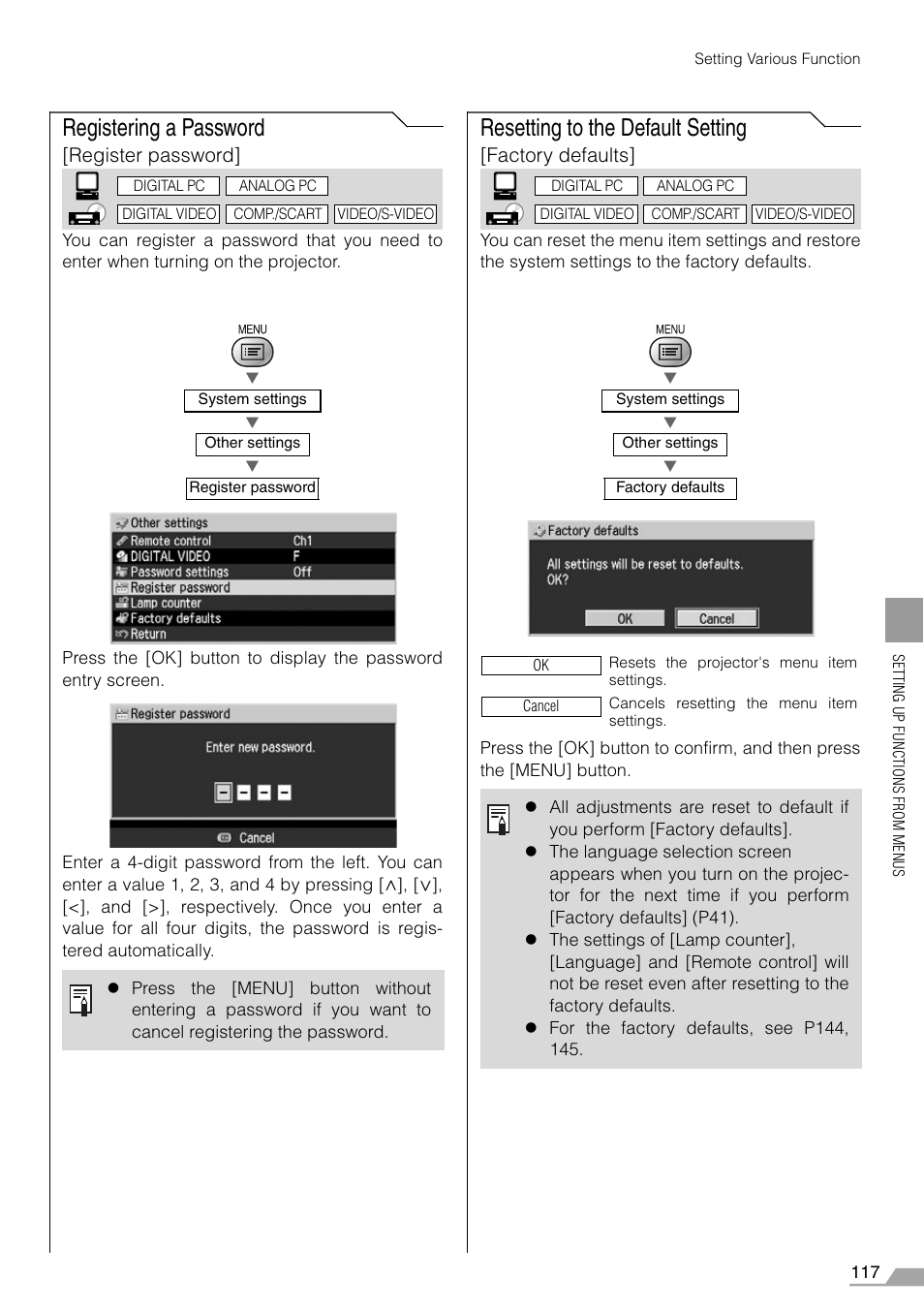 Registering a password, Resetting to the default setting, Register password | Factory defaults | Canon REALiS SX60 User Manual | Page 117 / 146