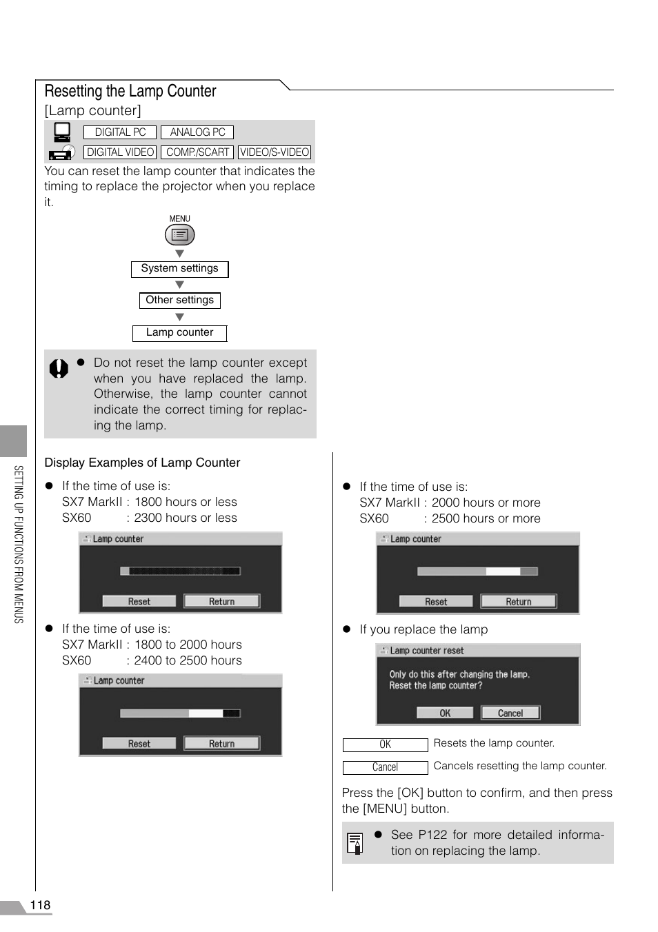 Resetting the lamp counter | Canon REALiS SX60 User Manual | Page 118 / 146