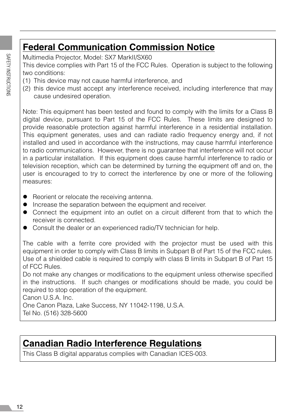 Federal communication commission notice, Canadian radio interference regulations | Canon REALiS SX60 User Manual | Page 12 / 146