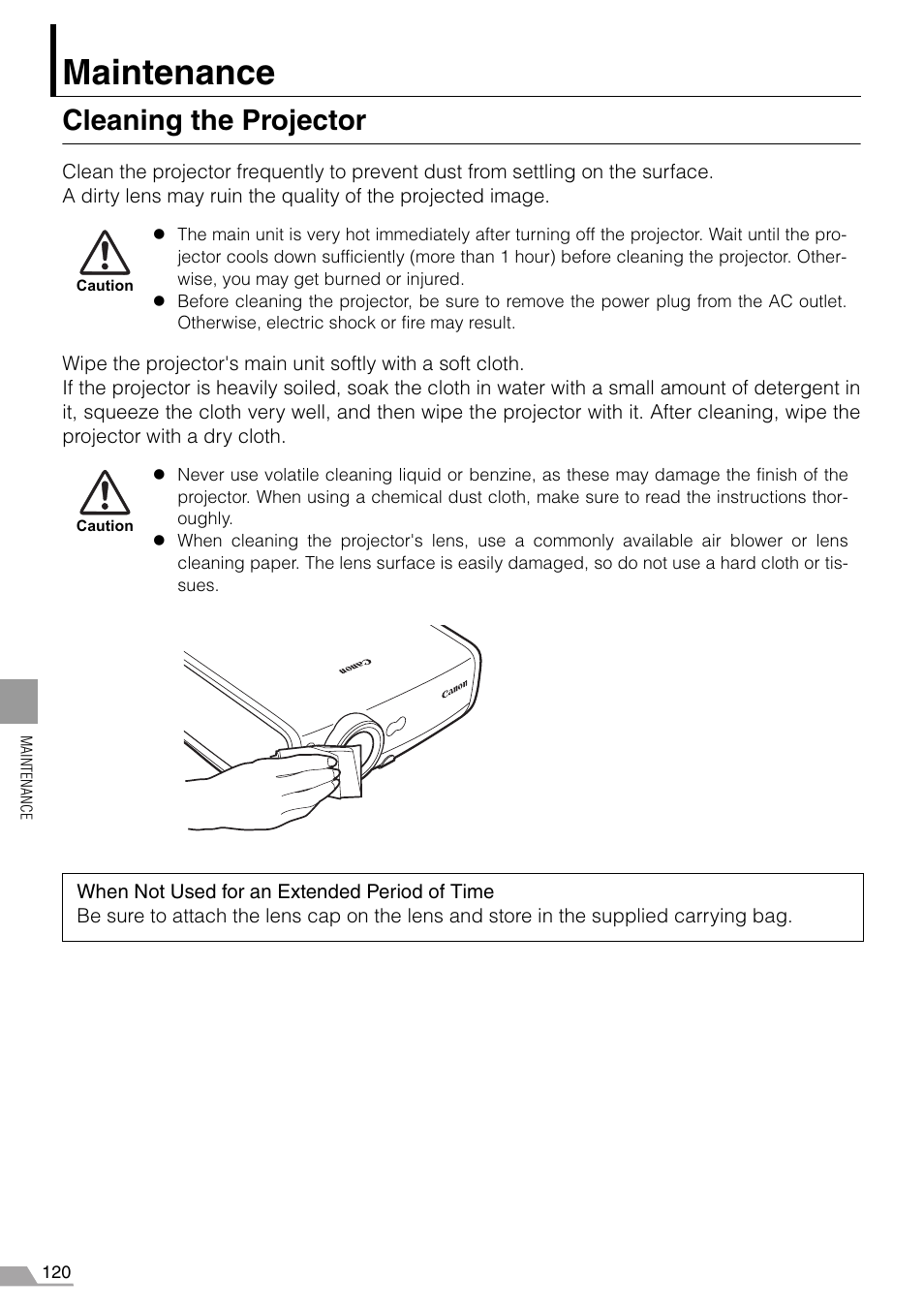 Maintenance, Cleaning the projector | Canon REALiS SX60 User Manual | Page 120 / 146