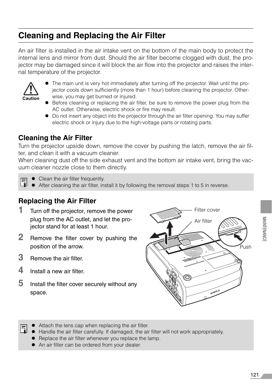 Cleaning and replacing the air filter, P121) | Canon REALiS SX60 User Manual | Page 121 / 146