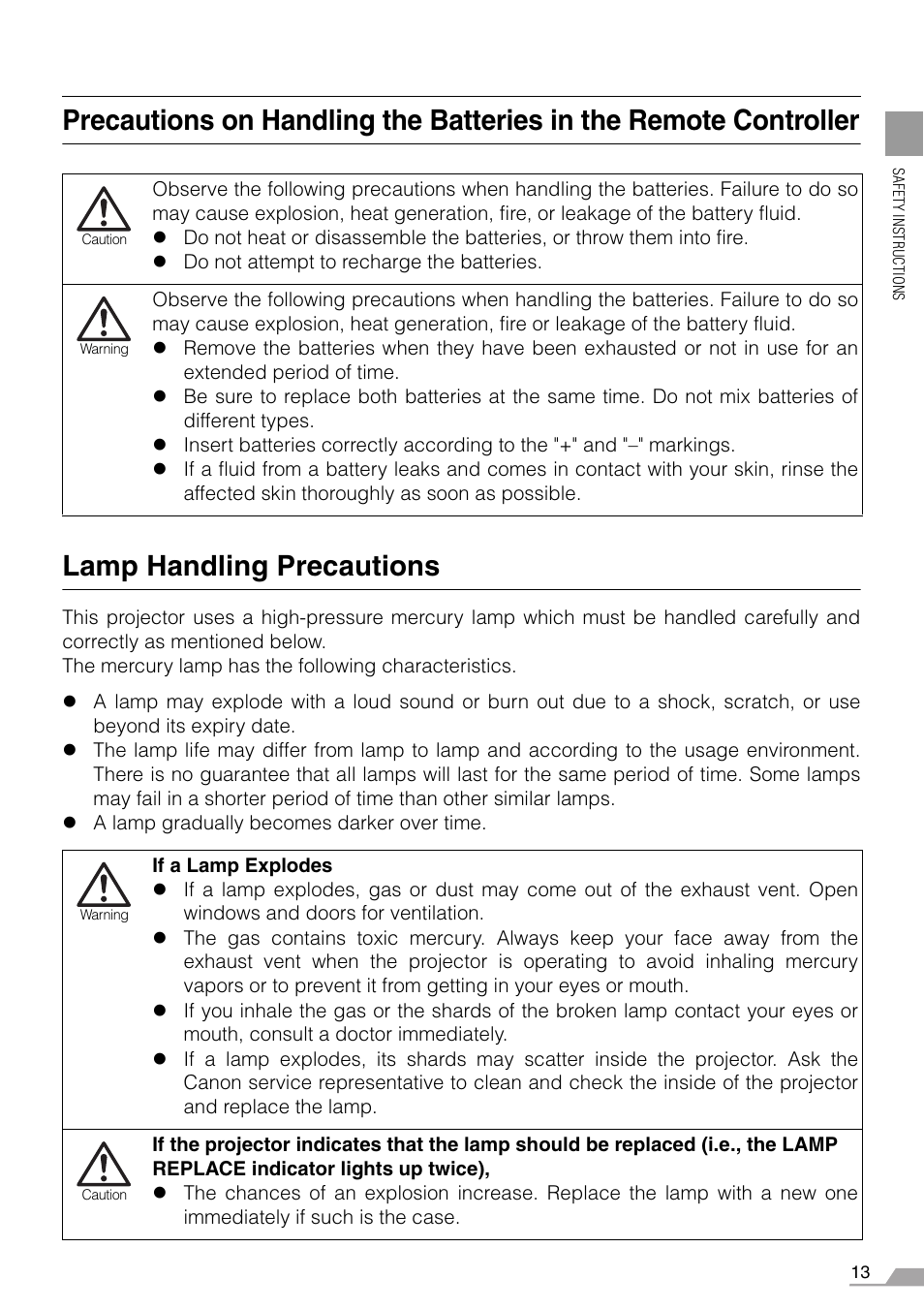 Lamp handling precautions | Canon REALiS SX60 User Manual | Page 13 / 146