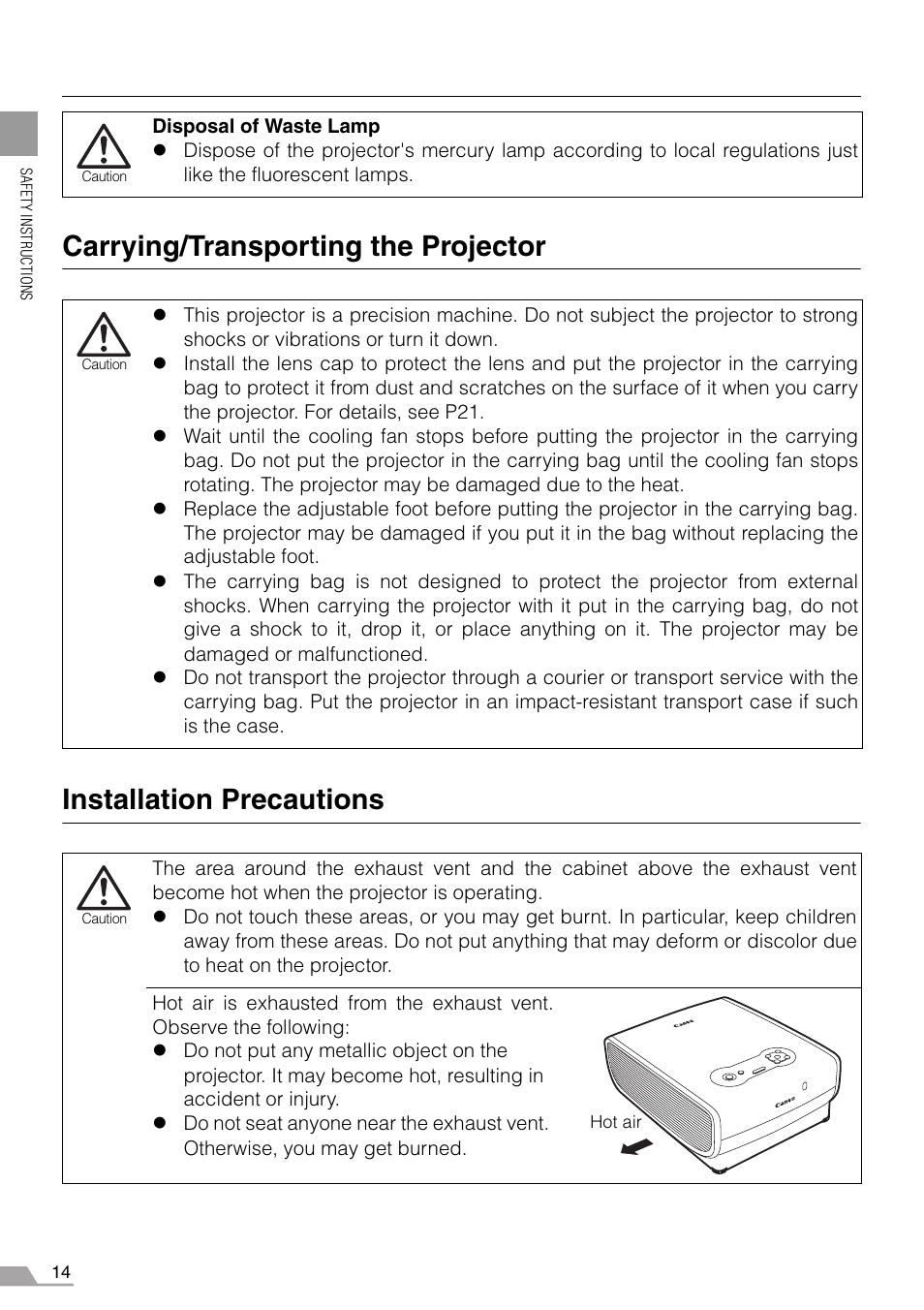 Carrying/transporting the projector, Installation precautions | Canon REALiS SX60 User Manual | Page 14 / 146