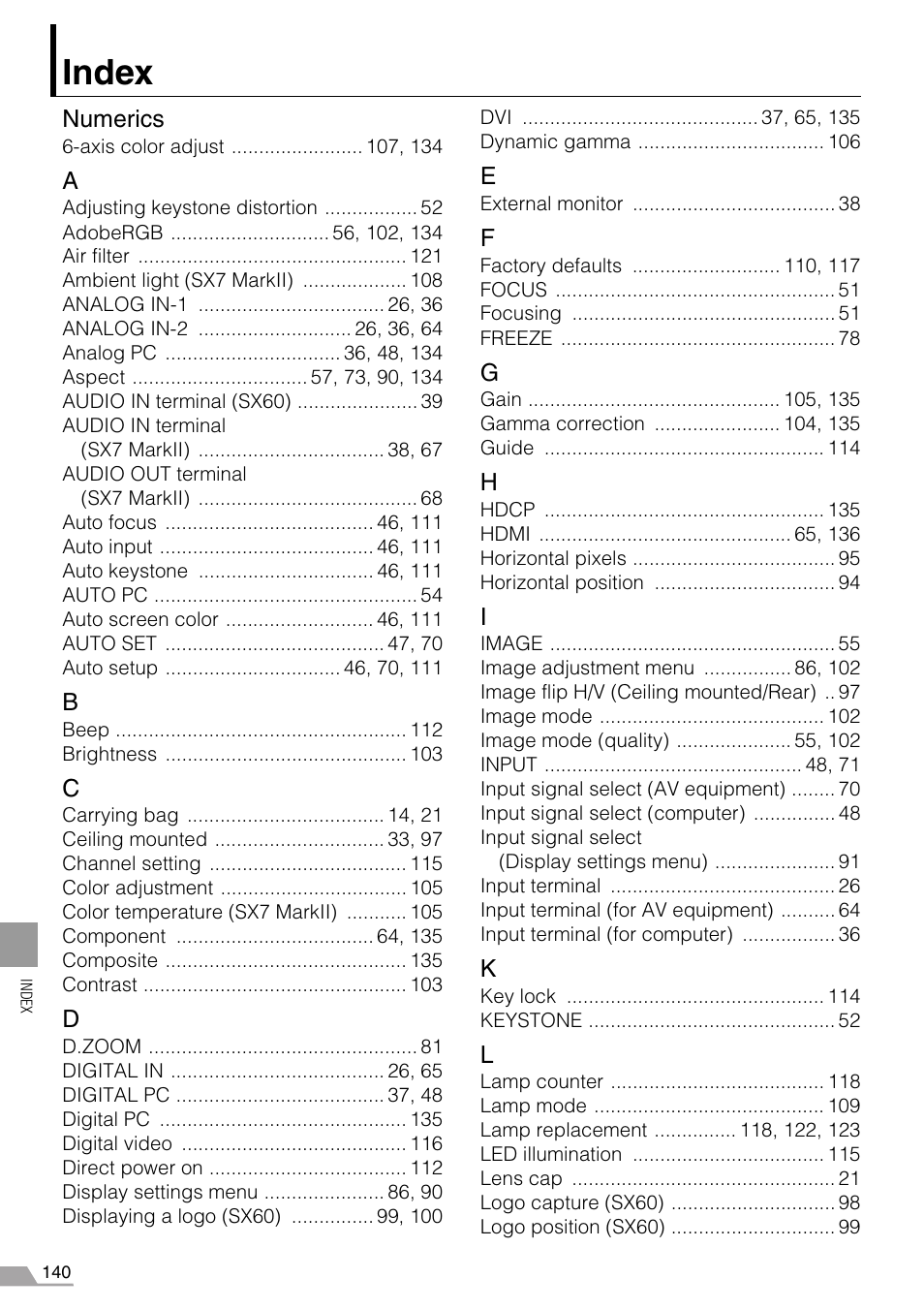 Index, Numerics | Canon REALiS SX60 User Manual | Page 140 / 146