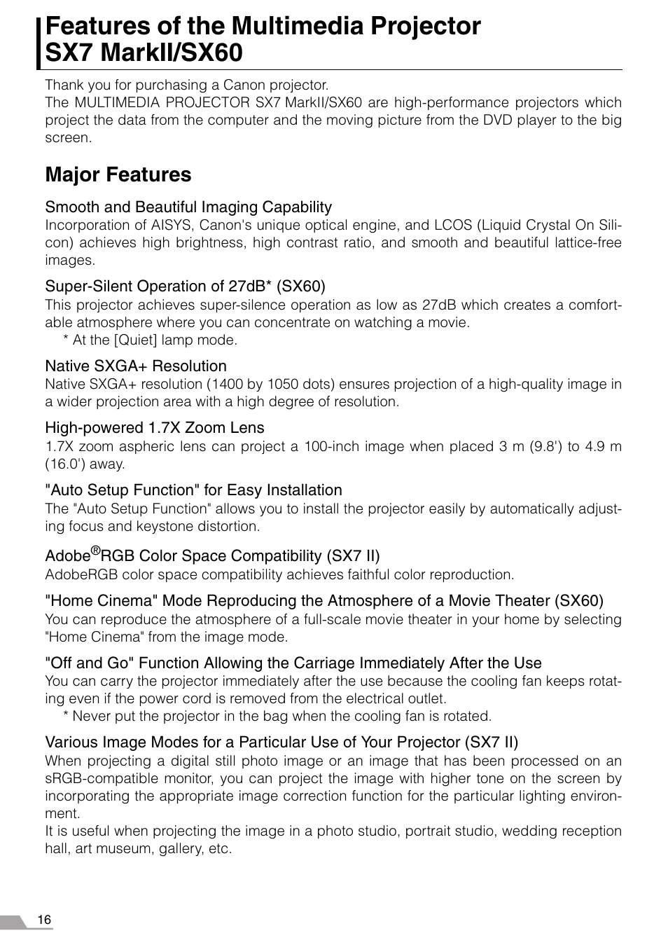 Major features | Canon REALiS SX60 User Manual | Page 16 / 146