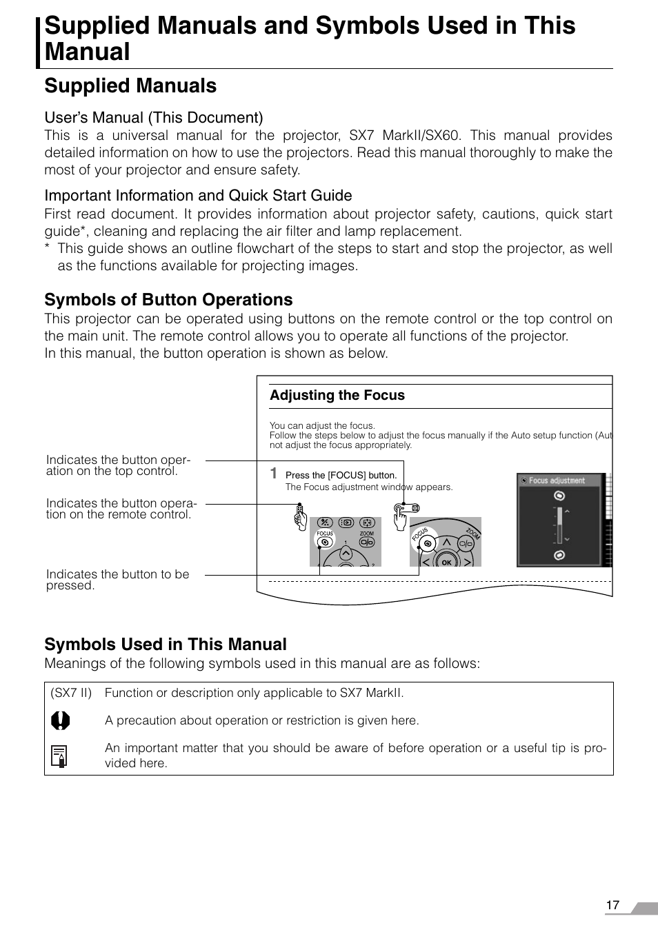 Supplied manuals and symbols used in this manual, Supplied manuals, Symbols of button operations | Symbols used in this manual | Canon REALiS SX60 User Manual | Page 17 / 146