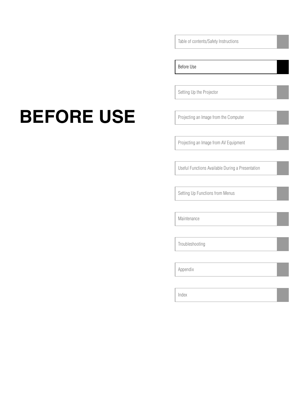 Before use | Canon REALiS SX60 User Manual | Page 19 / 146