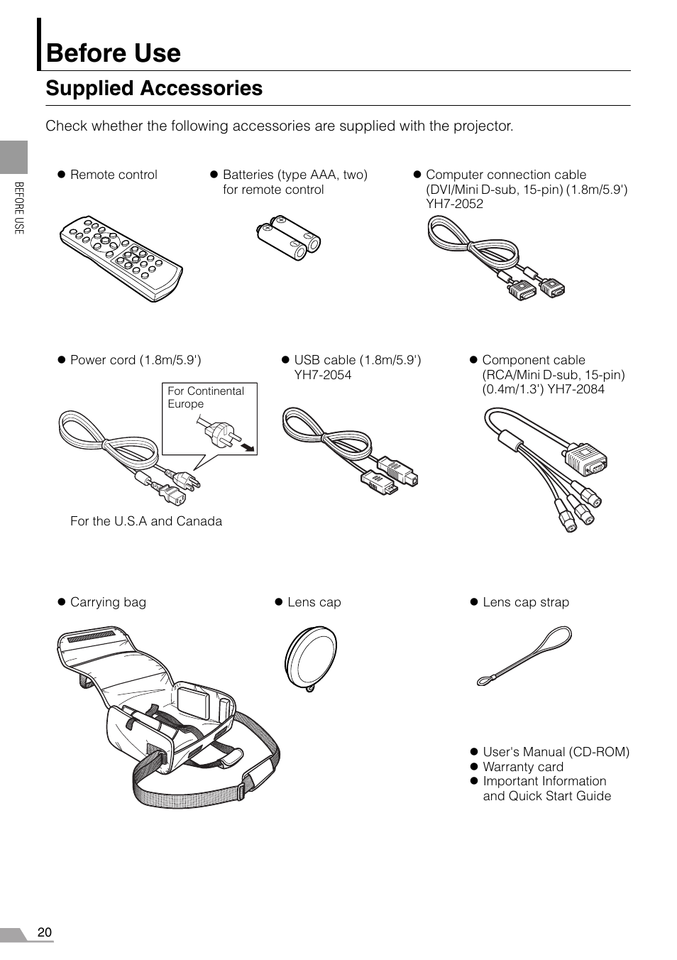 Before use, Supplied accessories | Canon REALiS SX60 User Manual | Page 20 / 146