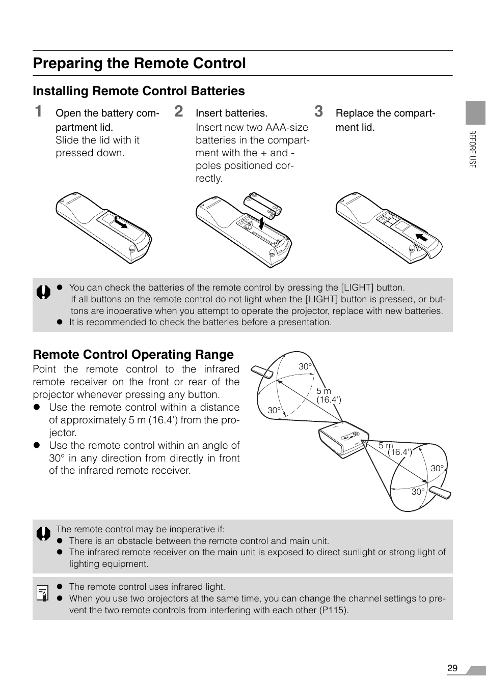 Preparing the remote control, P29), Er (p29) | Er (p29 | Canon REALiS SX60 User Manual | Page 29 / 146