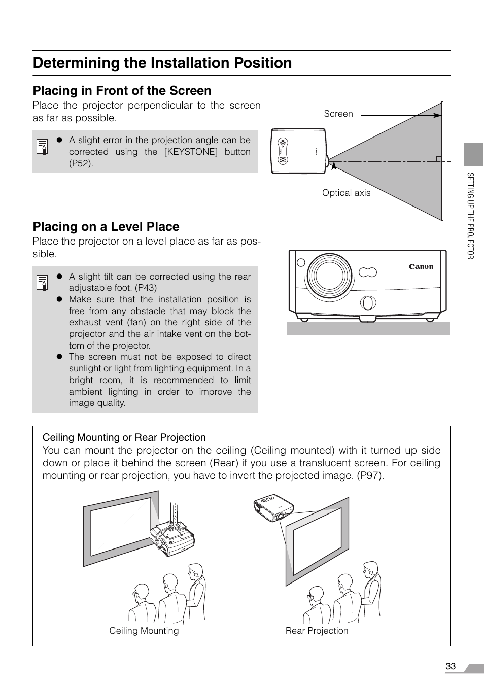 Determining the installation position, Placing in front of the screen, Placing on a level place | Canon REALiS SX60 User Manual | Page 33 / 146