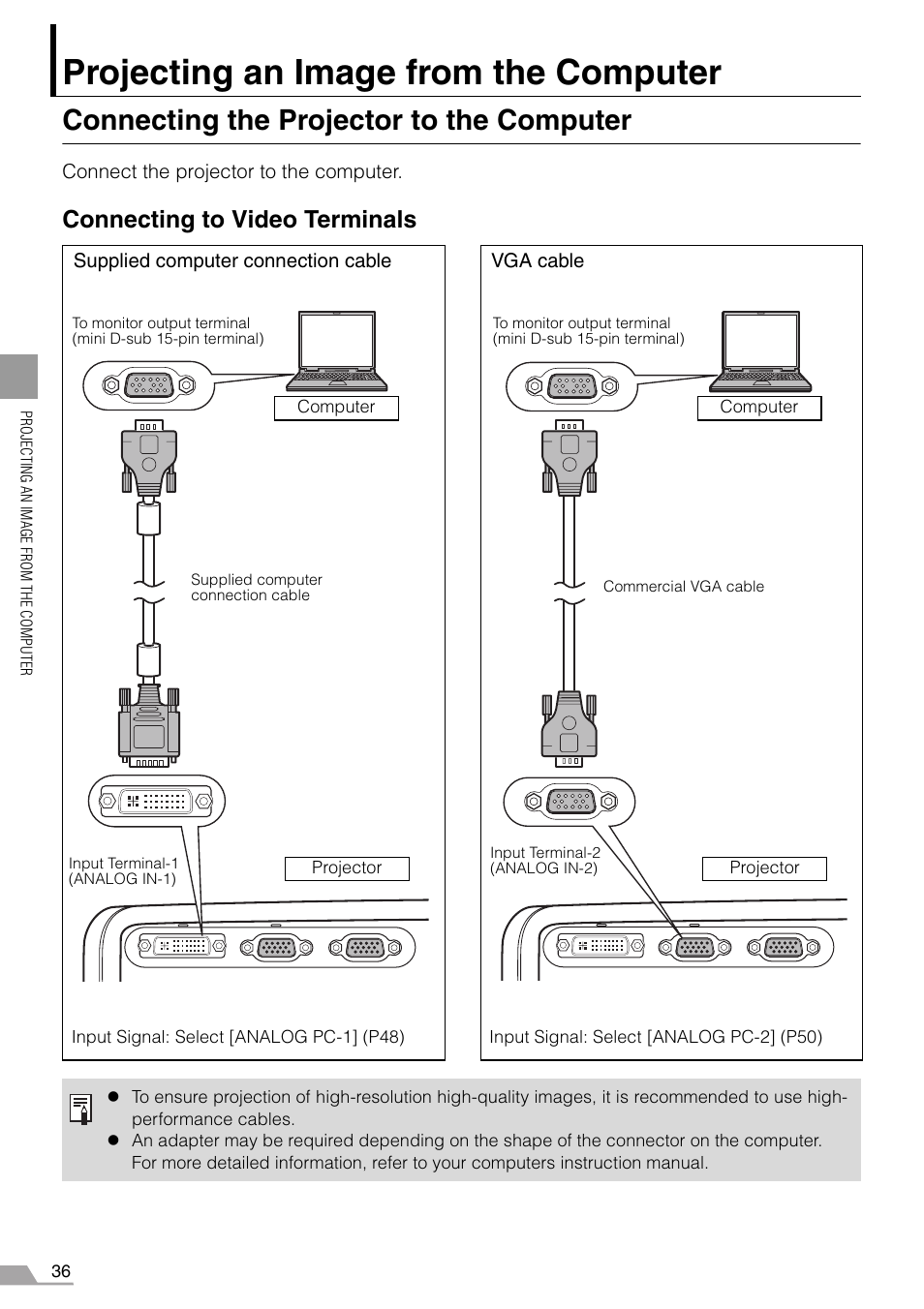 Projecting an image from the computer, Connecting the projector to the computer, P36-39 | P36, 37, 65), Log in-2) (p36, 37, 64), Connecting to video terminals | Canon REALiS SX60 User Manual | Page 36 / 146