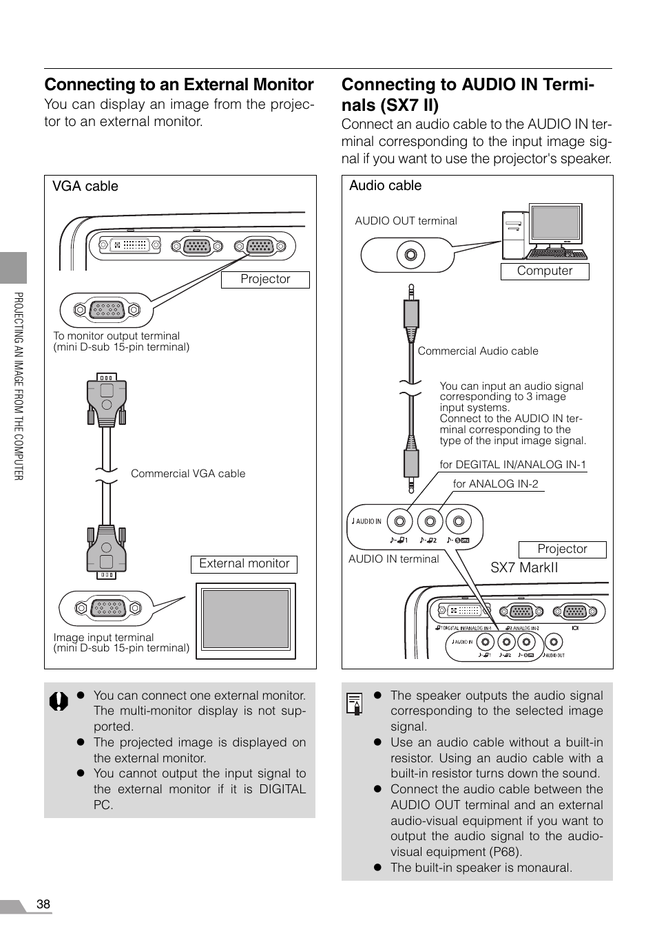 Connecting to an external monitor, Connecting to audio in termi- nals (sx7 ii) | Canon REALiS SX60 User Manual | Page 38 / 146
