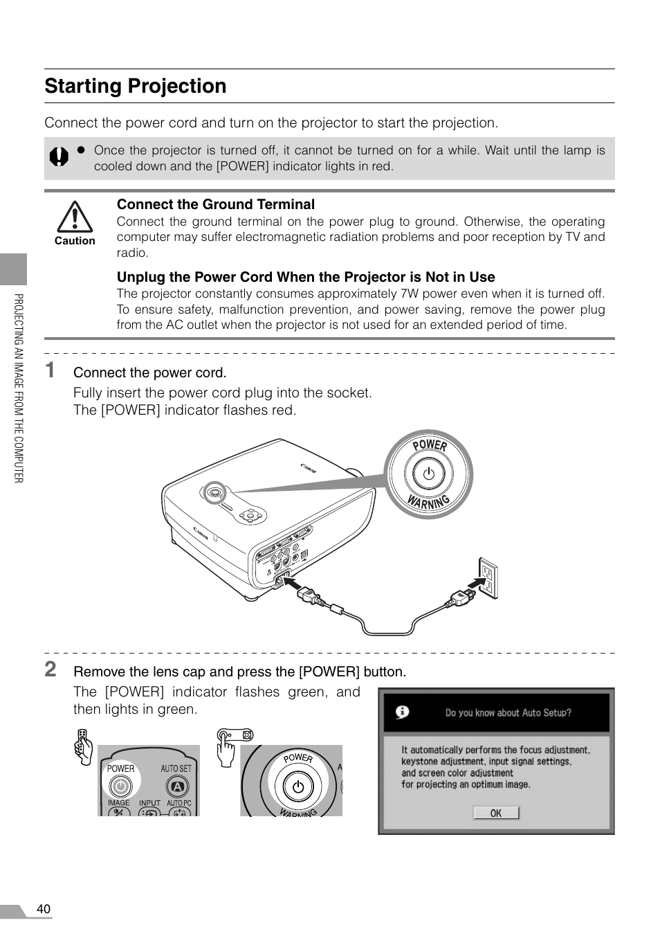 Starting projection, P40-41, Connector (p40) | Tton (p40, 60) | Canon REALiS SX60 User Manual | Page 40 / 146