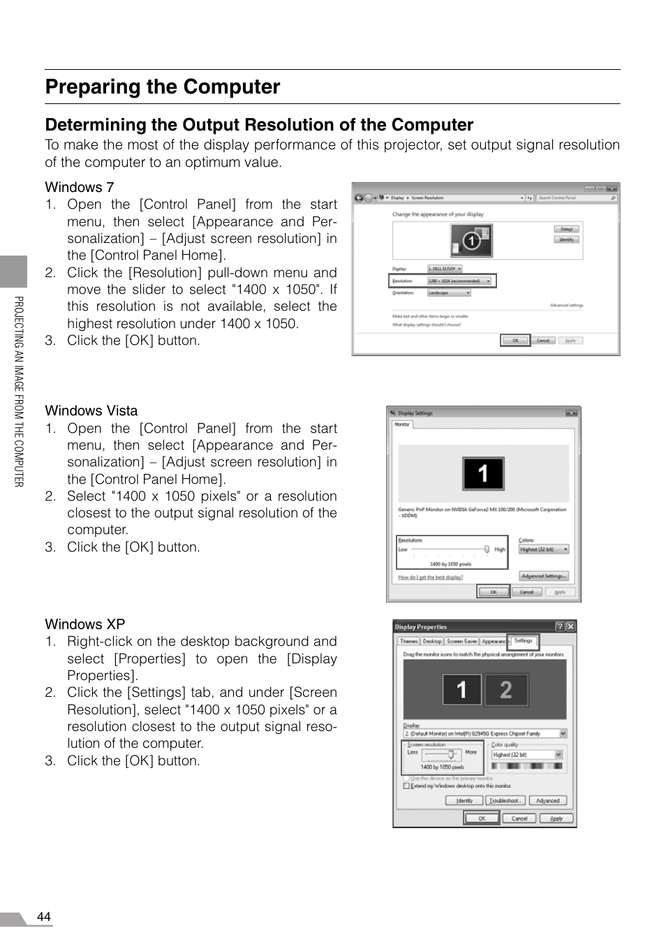 Preparing the computer, P44-45, Determining the output resolution of the computer | Canon REALiS SX60 User Manual | Page 44 / 146
