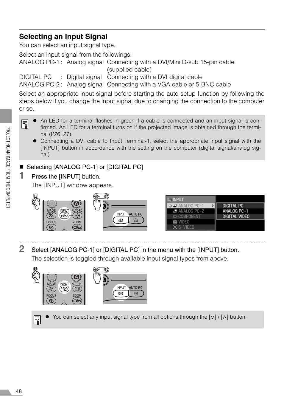P48-50, Tton (p48, 50, 70), P48, 70 | Selecting an input signal | Canon REALiS SX60 User Manual | Page 48 / 146