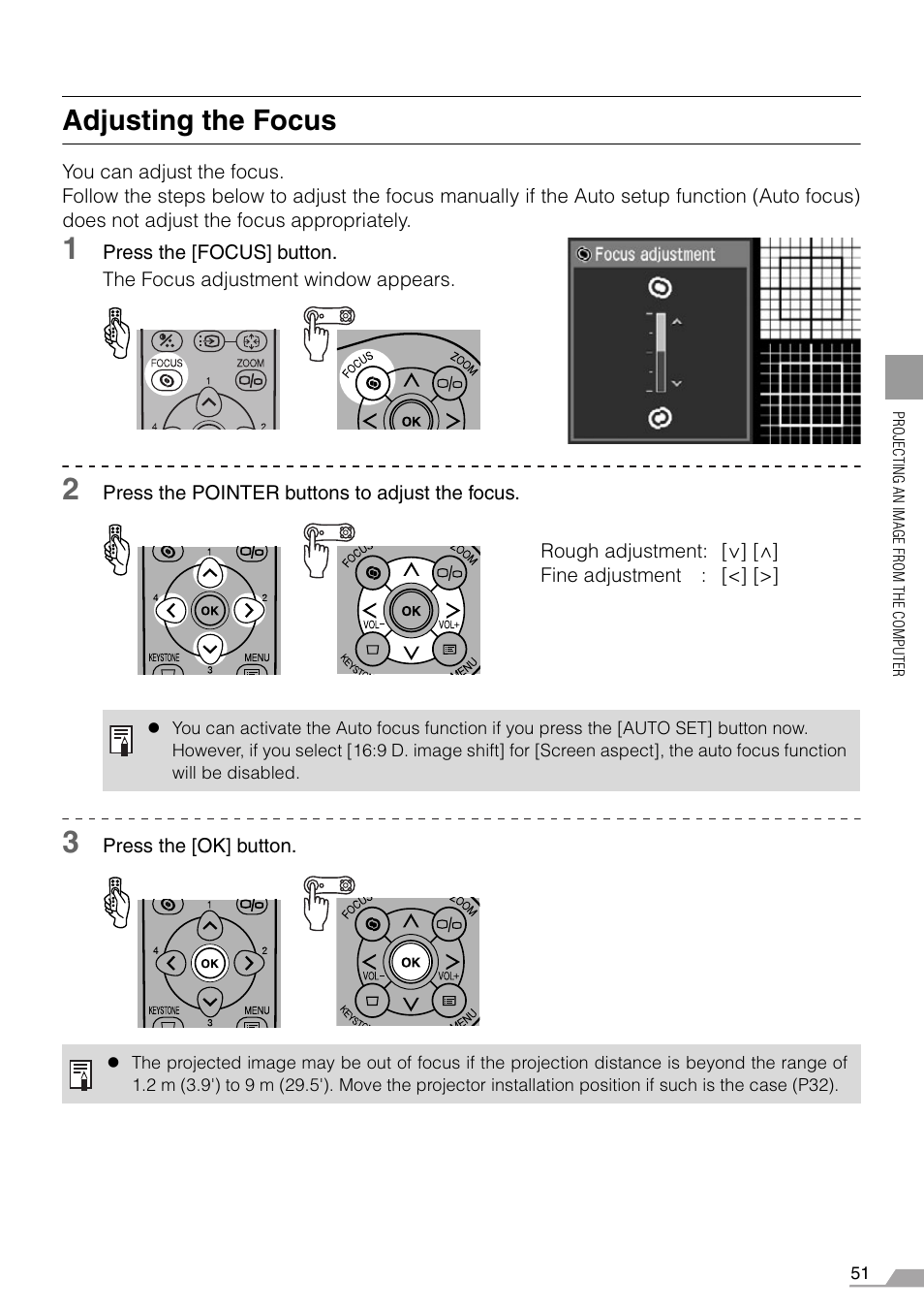 Adjusting the focus, Tton (p51), S (p51) | Canon REALiS SX60 User Manual | Page 51 / 146