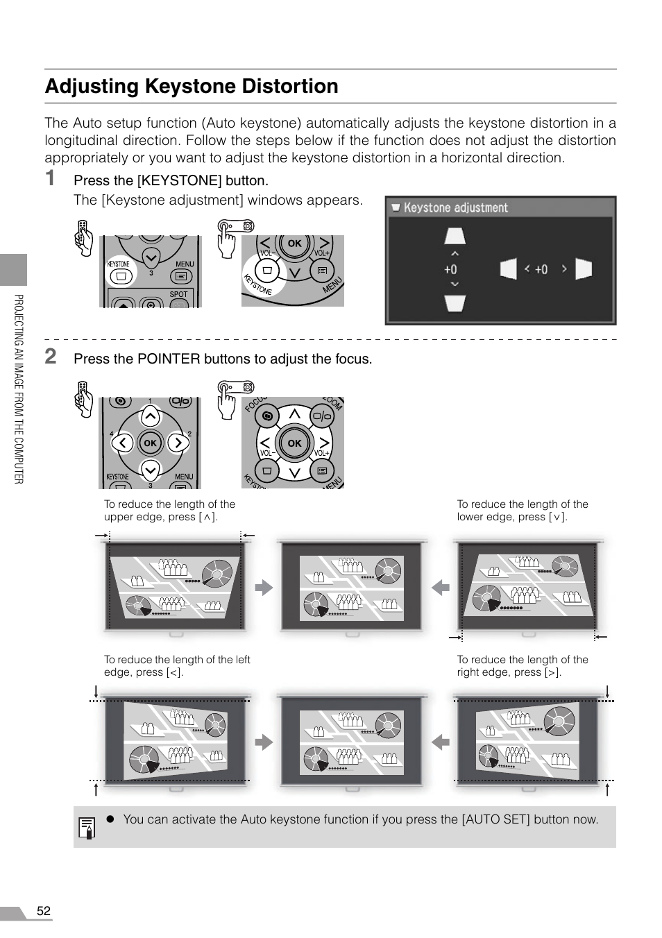 Adjusting keystone distortion, Tton (p52, 59) | Canon REALiS SX60 User Manual | Page 52 / 146