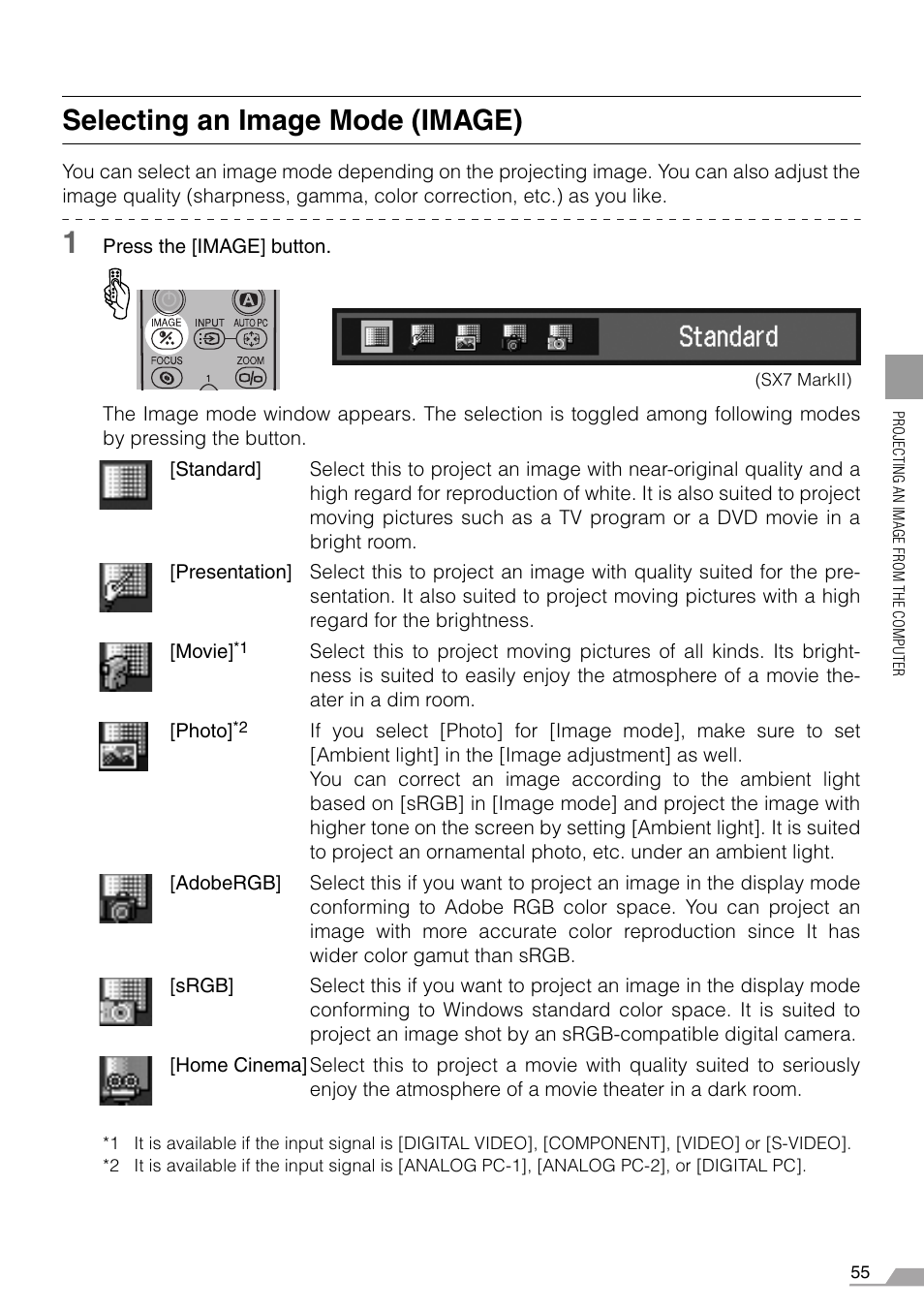 Selecting an image mode (image), P55-56, Tton (p55) | Canon REALiS SX60 User Manual | Page 55 / 146