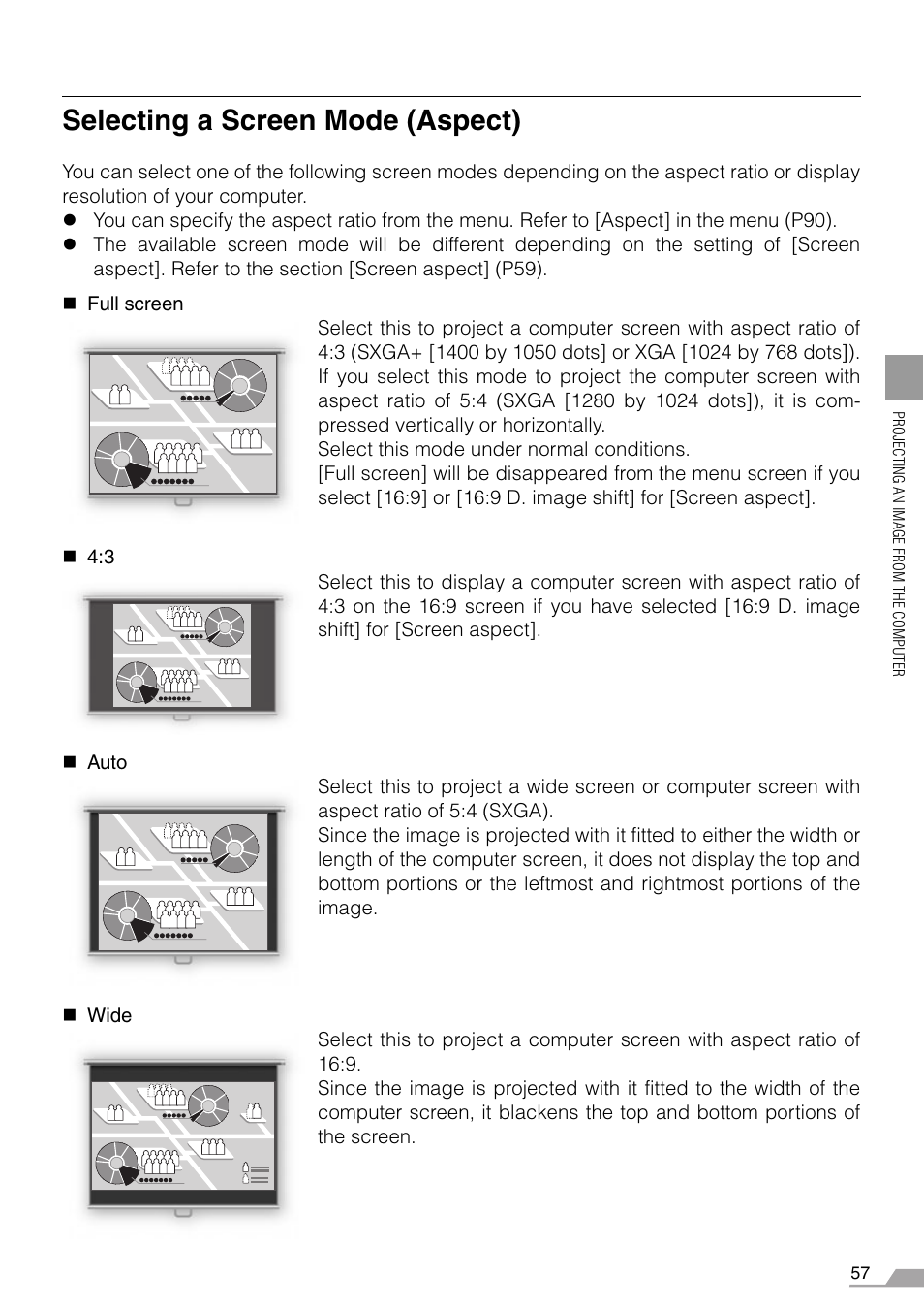 Selecting a screen mode (aspect), Ed (p57 | Canon REALiS SX60 User Manual | Page 57 / 146