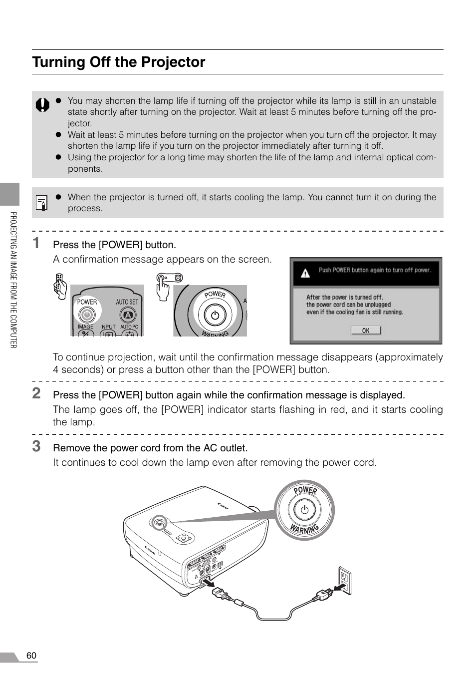 Turning off the projector, P60-61 | Canon REALiS SX60 User Manual | Page 60 / 146