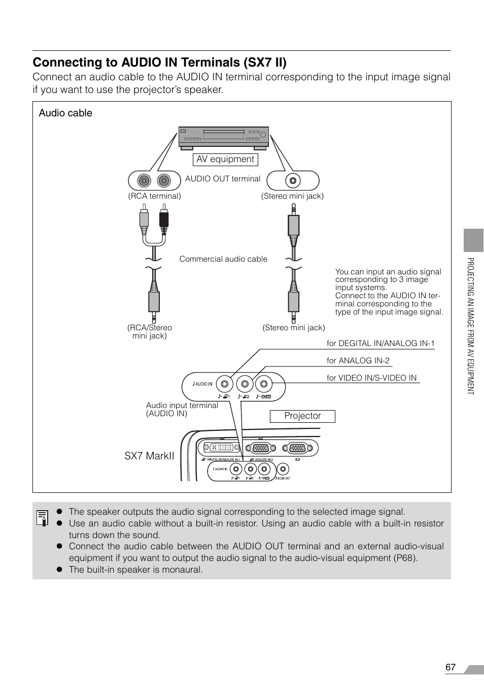 Connecting to audio in terminals (sx7 ii), Audio cable, Sx7 markii | Canon REALiS SX60 User Manual | Page 67 / 146