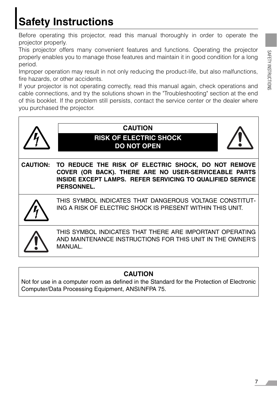 Safety instructions | Canon REALiS SX60 User Manual | Page 7 / 146