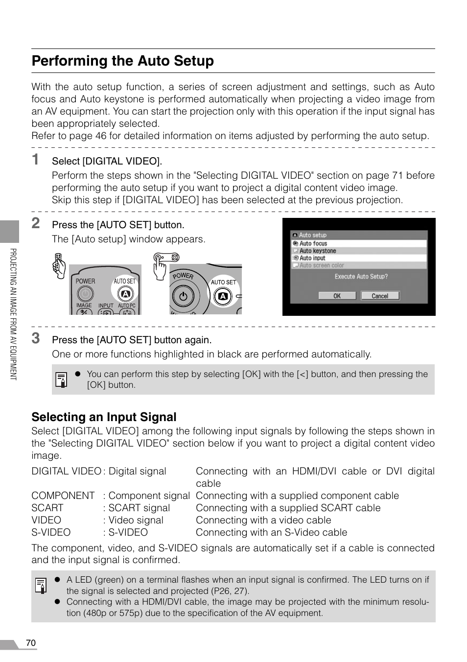 Performing the auto setup, P70-72, Selecting an input signal | Canon REALiS SX60 User Manual | Page 70 / 146