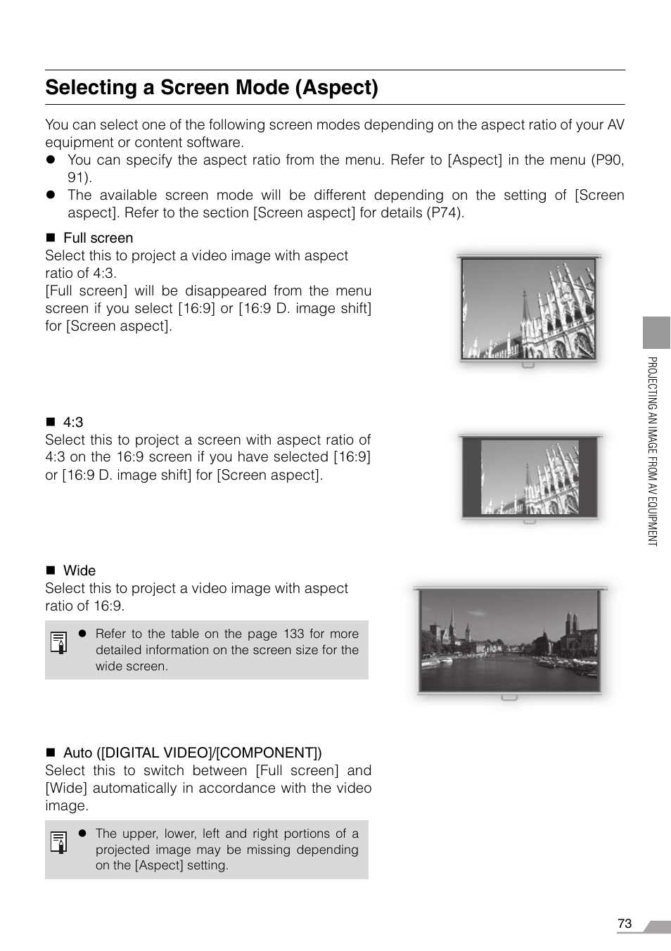 Selecting a screen mode (aspect), Ed (p73 | Canon REALiS SX60 User Manual | Page 73 / 146
