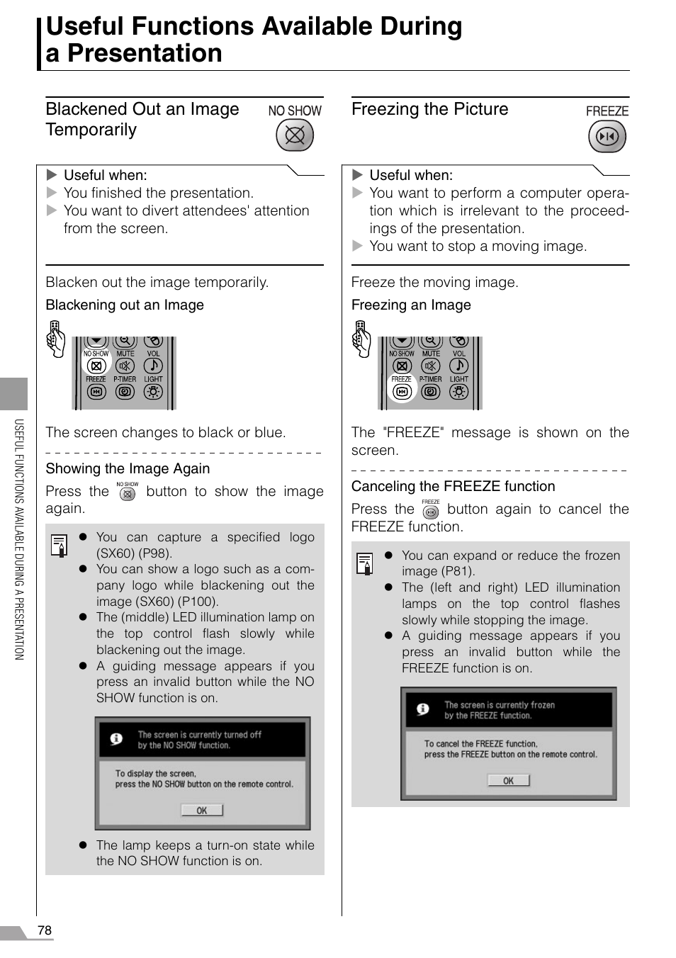 Useful functions available during a presentation, Blackened out an image temporarily, Freezing the picture | P78-83, Tton (p78), Tton (p78 | Canon REALiS SX60 User Manual | Page 78 / 146