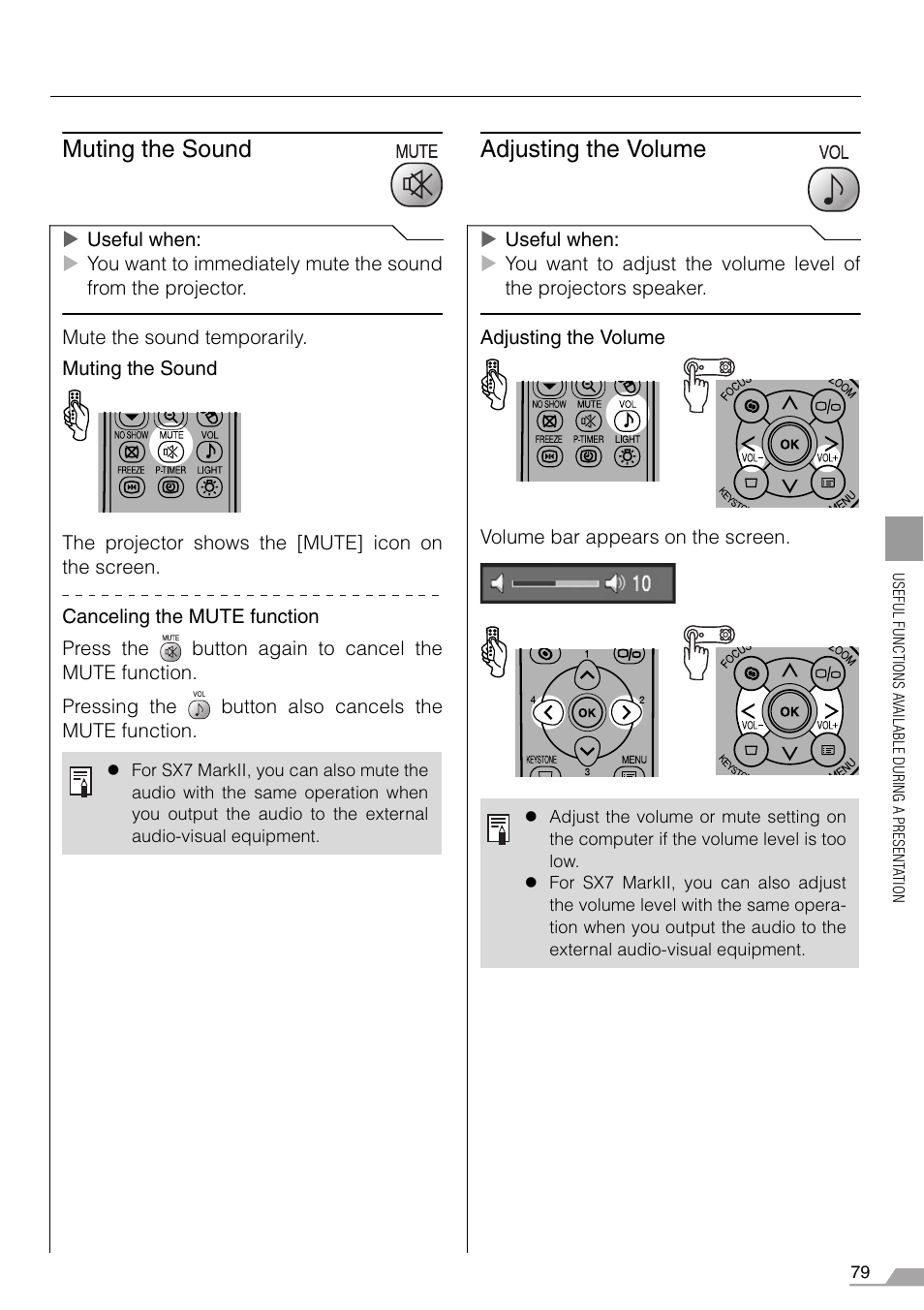 Muting the sound, Adjusting the volume, Muting the sound adjusting the volume | P79), Tton (p79) | Canon REALiS SX60 User Manual | Page 79 / 146