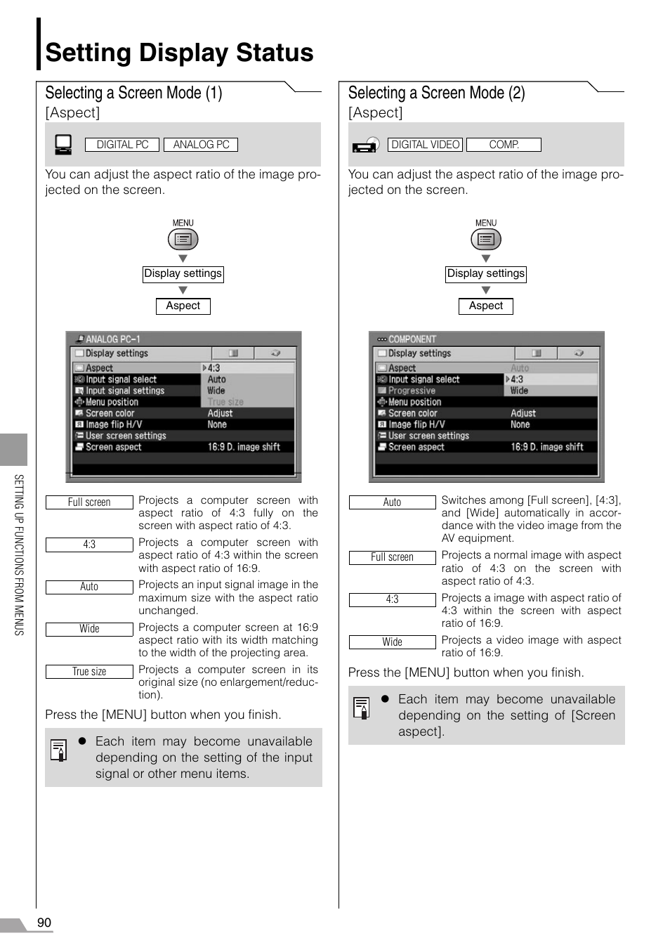 Setting display status, Selecting a screen mode (1), Selecting a screen mode (2) | T] in the menu (p90, Aspect | Canon REALiS SX60 User Manual | Page 90 / 146