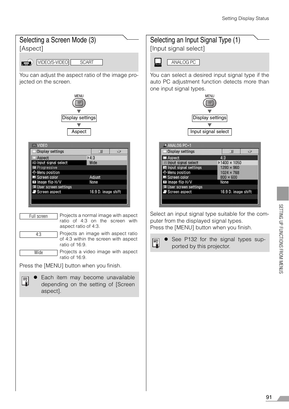 Selecting a screen mode (3), Selecting an input signal type (1), Aspect | Input signal select | Canon REALiS SX60 User Manual | Page 91 / 146
