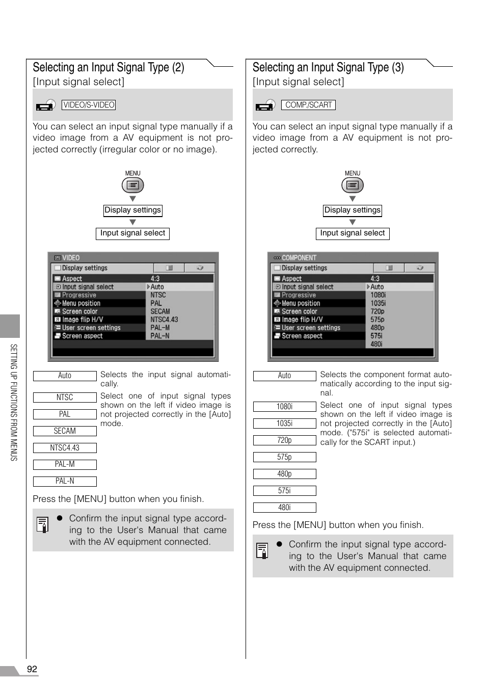 Selecting an input signal type (2), Selecting an input signal type (3), Input signal select | Canon REALiS SX60 User Manual | Page 92 / 146